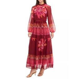 maison tara dress size 20W $89 red floral print chiffon maxi dress NEW